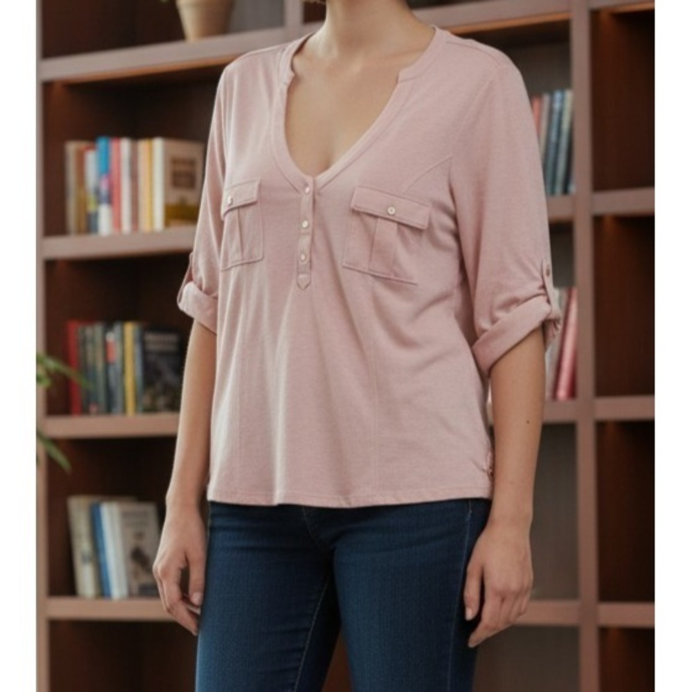 Guess LA Skylar Top Women's L Blush Pink Modal Henley Roll Tab Sleeve Soft NWT